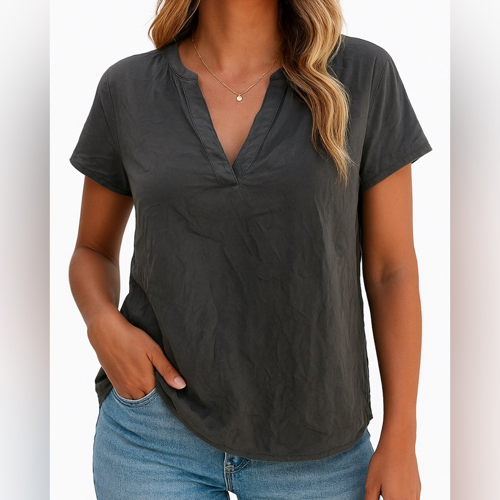 Vince Charcoal V-Neck Silk Top leather neckline